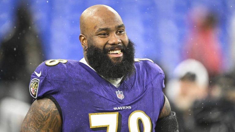 Baltimore Ravens offensive tackle Morgan Moses (78) looks on during warmups before an NFL football game against the Pittsburgh Steelers, Saturday, Jan. 6, 2024, in Baltimore. (AP)