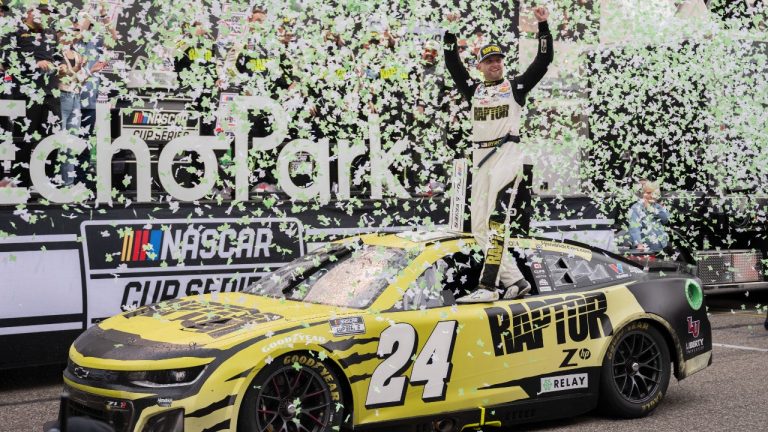 William Byron celebrates after winning a NASCAR Cup Series auto race Sunday, March 24, 2024, at Circuit of the Americas in Austin, Texas. (AP Photo/Darren Abate)