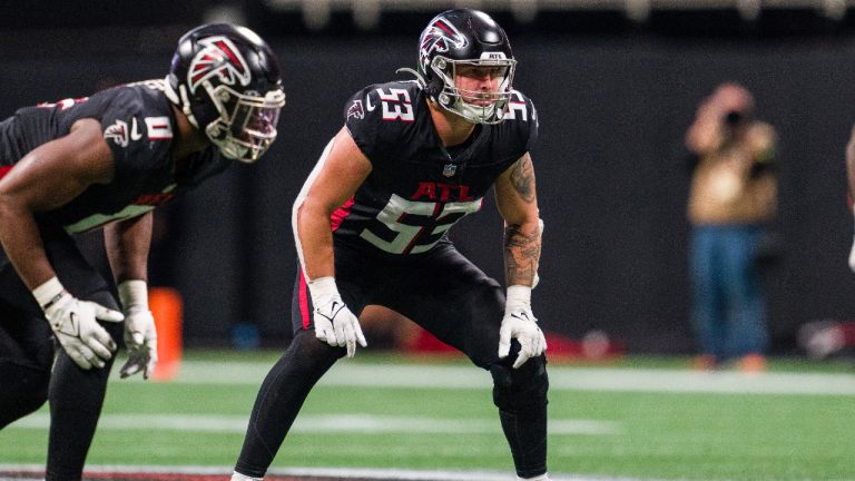 Atlanta Falcons linebacker Nate Landman (53) lines up during the second half of an NFL football game against the Indianapolis Colts, Sunday, Dec. 24, 2023, in Atlanta. (Danny Karnik/AP)