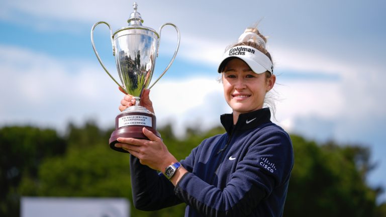Nelly Korda holds up the trophy after winning during the final round of LPGA's Fir Hills Seri Pak Championship golf tournament, Sunday, March 24, 2024, in Palos Verdes Estates, Calif. (Ryan Sun/AP)