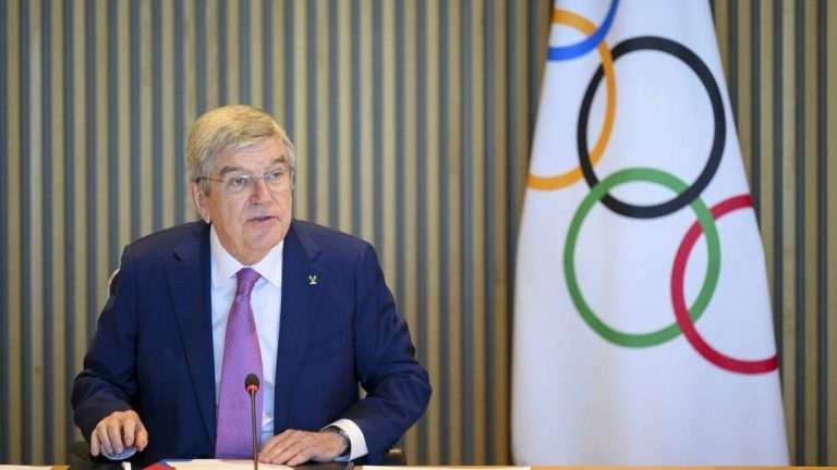 International Olympic Committee President Thomas Bach speaks at the opening of the executive board meeting of the IOC, at the Olympic House, in Lausanne, Switzerland, Tuesday, March 19, 2024. (Laurent Gillieron/Keystone via AP)
