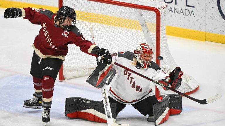 Montreal's Claire Dalton (42) tries to tip the puck past Ottawa goaltender Emerance Maschmeyer during third period PWHL hockey action in Montreal, Saturday, February 24, 2024. THE CANADIAN PRESS/Graham Hughes