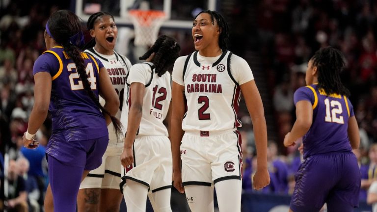 South Carolina forward Ashlyn Watkins celebrates after scoring during the second half of an NCAA college basketball game against LSU at the Southeastern Conference women's tournament final Sunday, March 10, 2024, in Greenville, S.C. (Chris Carlson/AP)