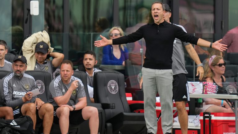 Los Angeles FC head coach Steve Cherundolo calls to his players from the sidelines during an MLS soccer match against Inter Miami, Saturday, March 12, 2022, in Fort Lauderdale, Fla. (Rebecca Blackwell/AP)