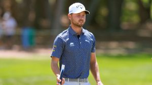 Adam Svensson, of Canada, reacts after putting out on the 17th green during the first round of the Valspar Championship golf tournament Thursday, March 21, 2024, at Innisbrook in Palm Harbor, Fla. (Chris O'Meara/AP Photo)
