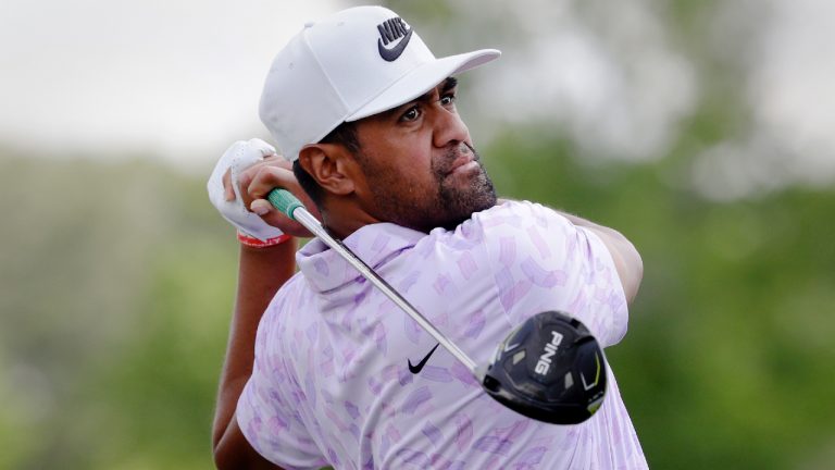 Defending champion Tony Finau tees off on the 10th hole during the first round of the Houston Open golf tournament Thursday, March, 28, 2024, in Houston. (Michael Wyke/AP)