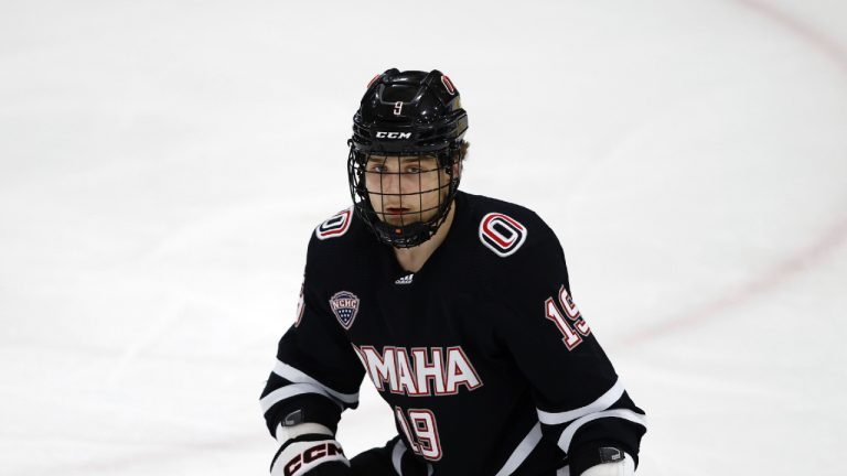 Omaha's Ty Mueller plays during an NCAA hockey game on Saturday, Feb. 10, 2024, in Kalamazoo, Mich. (Al Goldis/AP)