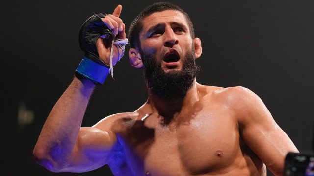 Khamzat-Chimaev-celebrates-after-he-beats-Kamaru-Usman-in-a-middleweight-fight-at-UFC-294