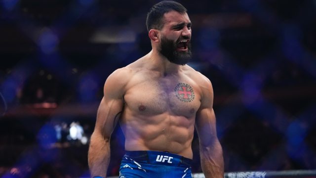 UFC-lightweight-Benoit-Saint-Denis,-of-France,-celebrates-a-knockout-win