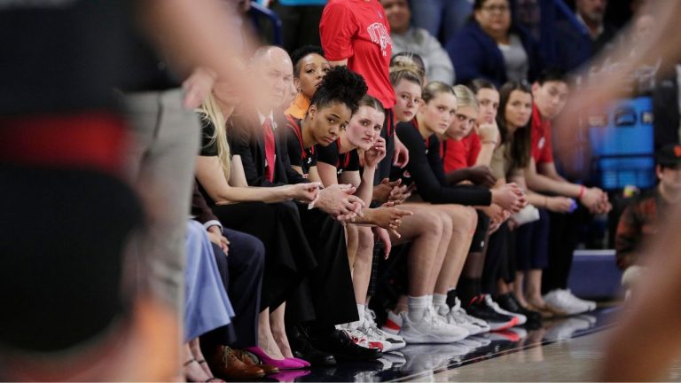 Players and staff on the Utah bench react toward the end of a second-round college basketball game against Gonzaga in the NCAA Tournament in Spokane, Wash., Monday, March 25, 2024. (Young Kwak/AP Photo)