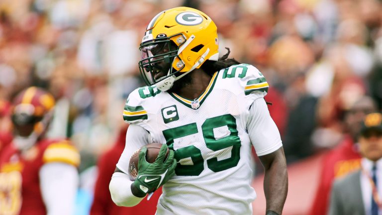FILE - Former Green Bay Packers linebacker De'Vondre Campbell (59) returns an interception for a touchdown during an NFL football game against the Washington Commanders, Sunday, Oct. 23, 2022 in Landover., Md. (Daniel Kucin Jr./AP)