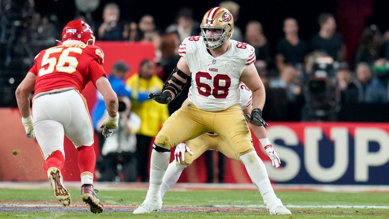 FILE - San Francisco 49ers offensive tackle Colton McKivitz (68) pass blocks against the Kansas City Chiefs during the second half of the NFL Super Bowl 58 football game Sunday, Feb. 11, 2024, in Las Vegas.(Steve Luciano/AP)