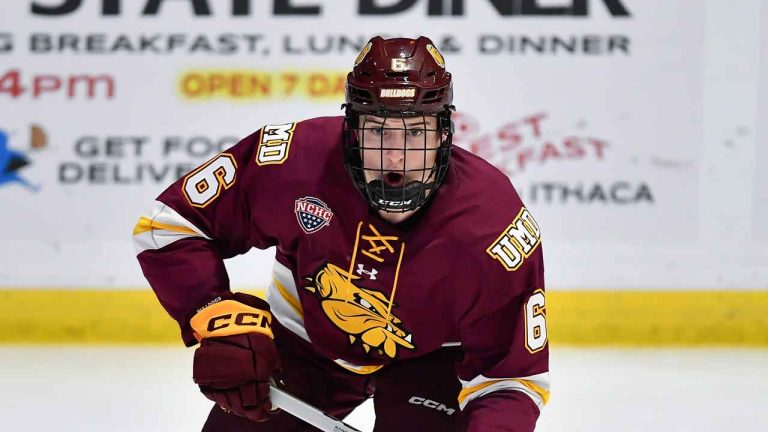 Minnesota Duluth left wing Ben Steeves (6) skates during the second period of an NCAA hockey game. (Adrian Kraus/AP)