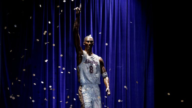 A statue in honour of former Los Angeles Lakers guard Kobe Bryant is seen after being unveiled in a ceremony outside the NBA basketball team's arena, Thursday, Feb. 8, 2024, in Los Angeles. (Eric Thayer/AP)