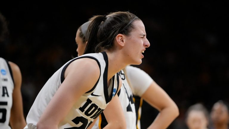 Iowa guard Caitlin Clark (22) reacts after she was intentionally fouled by Holy Cross in the first half of a first-round college basketball game in the NCAA Tournament, Saturday, March 23, 2024, in Iowa City, Iowa. (Matthew Putney/AP Photo)