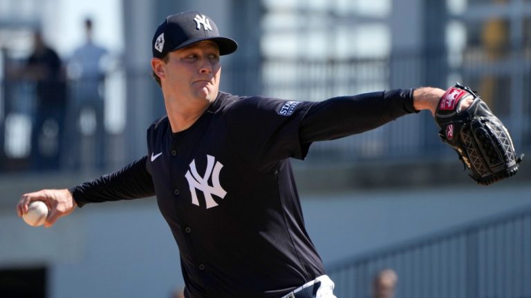 New York Yankees starting pitcher Gerrit Cole throws during a baseball spring training workout Wednesday, Feb. 21, 2024, in Tampa, Fla. (Charlie Neibergall/AP)