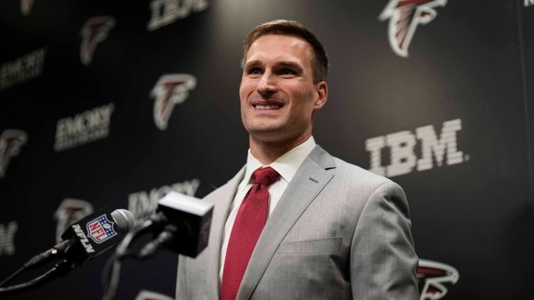Atlanta Falcons quarterback Kirk Cousins speaks during a news conference Wednesday, March 13, 2024, in Flowery Branch, Ga. Cousins has one playoff victory in his long career. The Falcons are betting at least $100 million that he's the guy who can lead them to the first Super Bowl title in franchise history. (Mike Stewart/AP Photo)