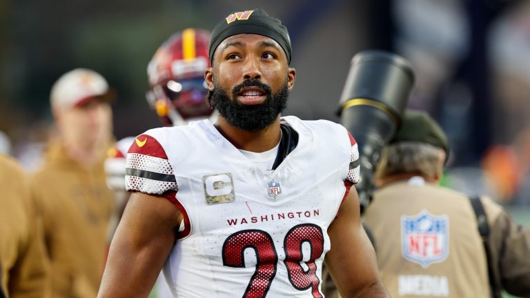 Washington Commanders cornerback Kendall Fuller (29) reacts after defeating the New England Patriots in an NFL football game on Sunday, Nov. 5, 2023, in Foxborough, Mass. (Greg M. Cooper/AP)