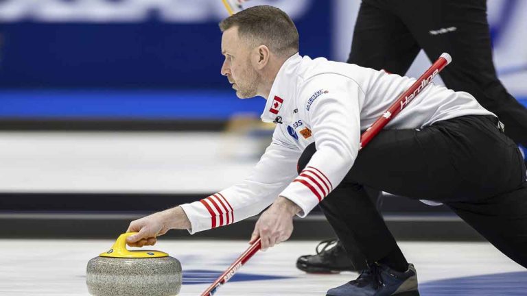 Canada's skip Brad Gushue delivers a stone against the Czech Republic at the men's Curling World Championships. (Michael Buholzer/AP)
