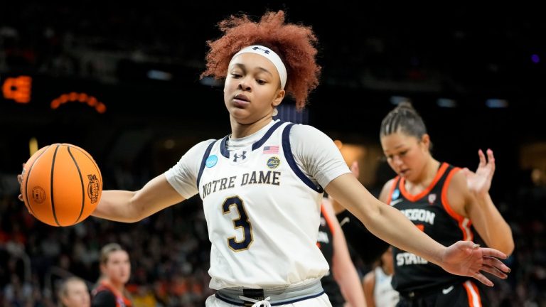Notre Dame guard Hannah Hidalgo (3) reacts during the third quarter of a Sweet Sixteen round college basketball game against the Oregon State during the NCAA Tournament, Friday, March 29, 2024, in Albany, N.Y. (Mary Altaffer/AP)