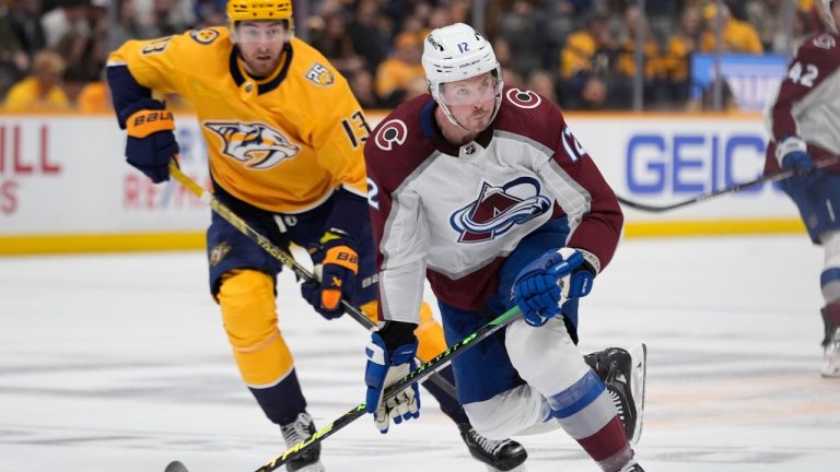 Colorado Avalanche center Ryan Johansen (12) plays during the first period of an NHL hockey game against the Nashville Predators, Saturday, March 2, 2024, in Nashville, Tenn. (George Walker IV/AP)