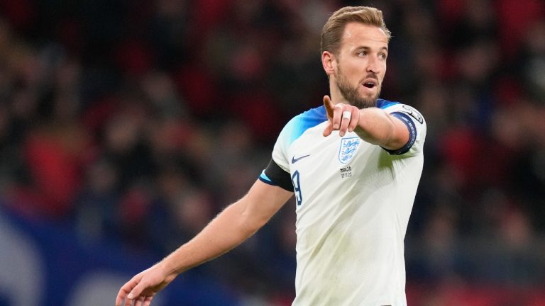 England's Harry Kane reacts during the Euro 2024 group C qualifying soccer match between England and Malta at Wembley stadium in London, Friday, Nov. 17, 2023. (Kirsty Wigglesworth/AP)