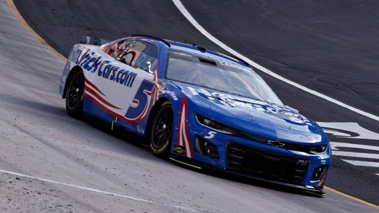 Driver Kyle Larson (5) makes his way around the track during qualifying for the NASCAR Food City 500 Cup Series race Saturday, March 16, 2024, in Bristol, Tenn. (Wade Payne/AP)