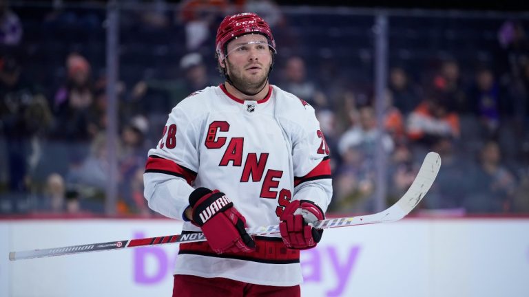 Carolina Hurricanes' Brendan Lemieux plays during an NHL hockey game, Tuesday, Nov. 28, 2023, in Philadelphia. (Matt Slocum/AP Photo)