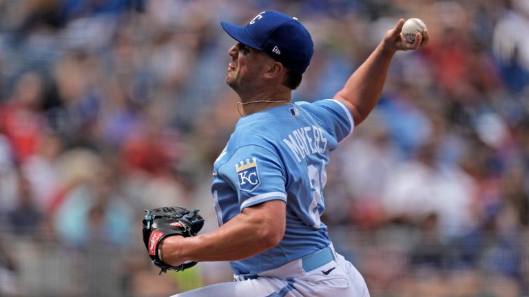 Kansas City Royals starting pitcher Mike Mayers throws during the second inning of a baseball game against the Los Angeles Angels Saturday, June 17, 2023, in Kansas City, Mo. (Charlie Riedel/AP)
