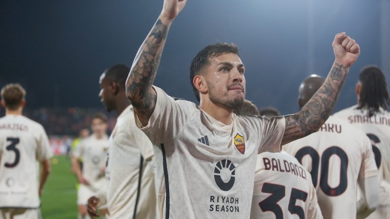 Roma's Leandro Paredes celebrates after scoring his side's fourth goal during the Serie A soccer match between AC Monza and Roma at the U-Power stadium in Monza, Italy, Saturday, March 2, 2024. (Alberto Mariani/LaPresse via AP)