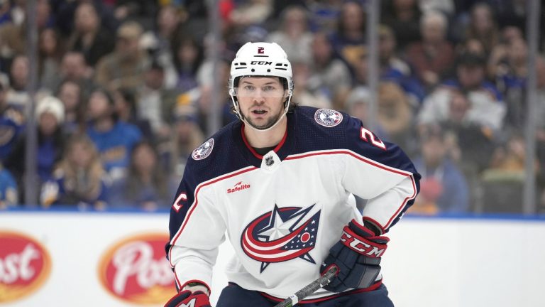Columbus Blue Jackets' Andrew Peeke (2) in action during the second period of an NHL hockey game against the St. Louis Blues Tuesday, Jan. 30, 2024, in St. Louis. (Jeff Roberson/AP Photo)