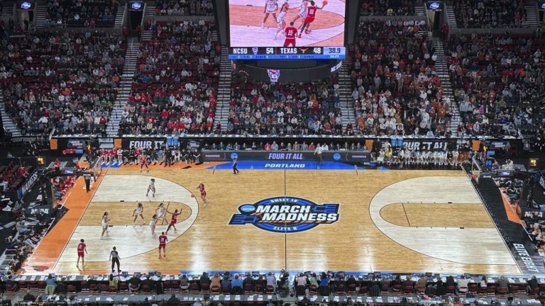 Texas players defend as North Carolina State players pass the ball during the second half of an Elite Eight college basketball game in the women's NCAA Tournament, Sunday, March 31, 2024, in Portland, Ore. (Tim Booth/AP Photo)