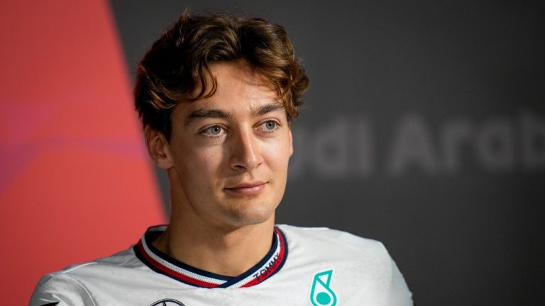 Mercedes driver George Russell of Britain attends a news conference ahead of the Formula One Saudi Arabian Grand Prix at the Jeddah Corniche Circuit in Jeddah, Saudi Arabia, Wednesday, March 6, 2024. Saudi Arabian Grand Prix will be held on Saturday, March 9, 2024. (Darko Bandic/AP)