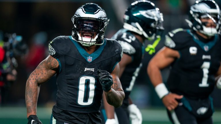 Philadelphia Eagles running back D'Andre Swift (0) reacts to his touchdown during the NFL football game against the New York Giants, Monday, Dec. 25, 2023, in Philadelphia. (Chris Szagola/AP Photo)