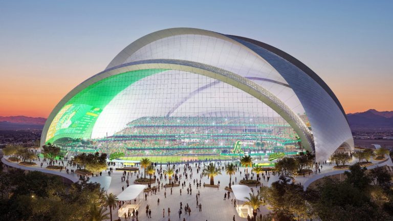 The Oakland Athletics and their design teams released renderings Tuesday, March 5, 2024 of the club's planned $1.5 billion stadium in Las Vegas that show five overlapping layers with a similar look to the famous Sydney Opera House. (Negativ via AP)