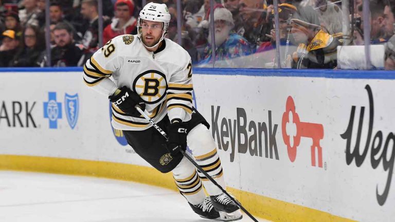 Boston Bruins defenseman Parker Wotherspoon (29) skates with the puck during the second period of an NHL hockey game against the Buffalo Sabres. (Adrian Kraus/AP)
