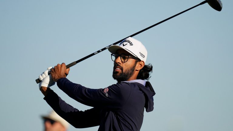 Akshay Bhatia watches his tee shot on the 11th hole during the second round of the Texas Open golf tournament, Friday, April 5, 2024, in San Antonio. (AP Photo/Eric Gay)