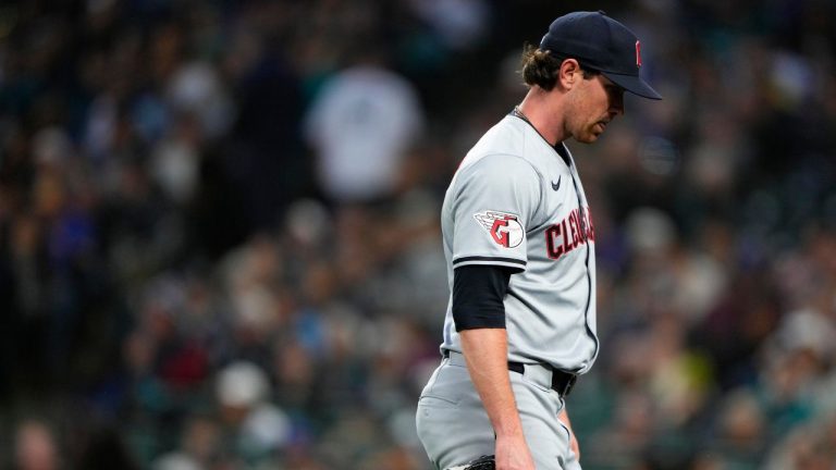 Cleveland Guardians starting pitcher Shane Bieber walks off the field after throwing against the Seattle Mariners in a baseball game Tuesday, April 2, 2024, in Seattle. (Lindsey Wasson/AP Photo)