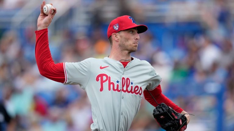 Philadelphia Phillies relief pitcher Connor Brogdon throws during the fifth inning of a spring training baseball game against the Toronto Blue Jays Thursday, Feb. 29, 2024, in Dunedin, Fla. (Charlie Neibergall/AP Photo)