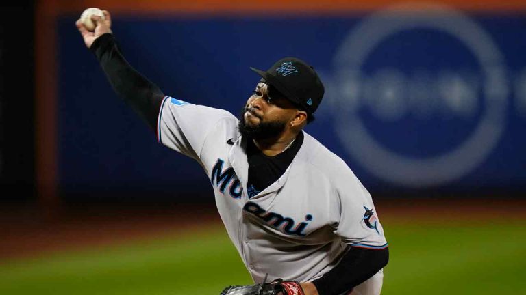 Miami Marlins' Johnny Cueto pitches during the first inning in the second baseball game of a doubleheader against the New York Mets Wednesday, Sept. 27, 2023, in New York. (Frank Franklin II/AP)