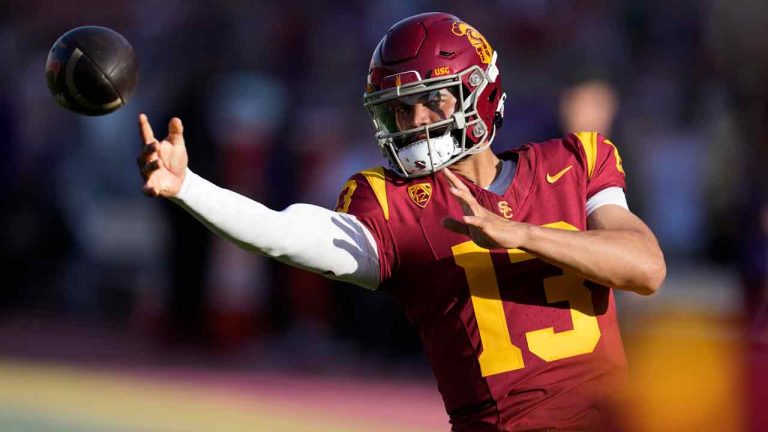 Southern California quarterback Caleb Williams (13) warms up before an NCAA college football game against Washington, Saturday, Nov. 4, 2023, in Los Angeles. (Marcio Jose Sanchez/AP)