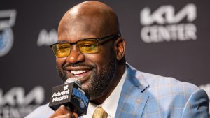 Shaquille O'Neal, speak during a pre-game press conference about the Orlando Magic retiring his jersey before the Oklahoma City Thunder NBA basketball game, Tuesday, Feb. 13, 2024, in Orlando, Fla. (Kevin Kolczynski/AP)