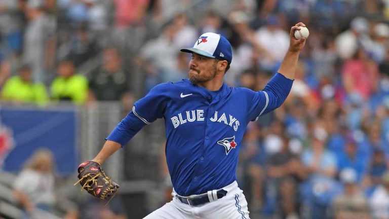 Toronto Blue Jays pitcher Brendon Little throws against the Atlanta Braves during a spring training action Saturday, March 2, 2024, in Dunedin, Fla. (Mark Taylor/CP)