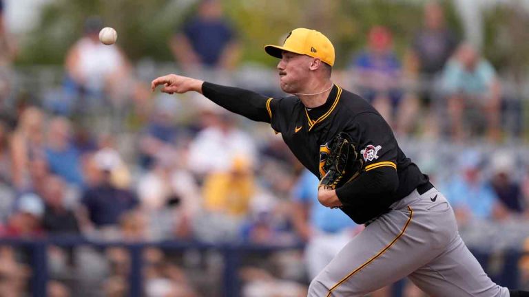 Pittsburgh Pirates pitcher Paul Skenes throws the pitch that resulted in a solo home run by Tampa Bay Rays Amed Rosario in the fourth inning of a spring training baseball game in Port Charlotte, Fla., Monday, March 4, 2024. (Gerald Herbert/AP)