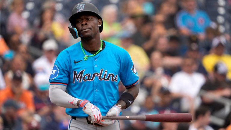 Miami Marlins' Jazz Chisholm Jr. draws a walk during the sixth inning of a spring training baseball game against the Houston Astros Sunday, March 10, 2024, in West Palm Beach, Fla. (Jeff Roberson/AP)