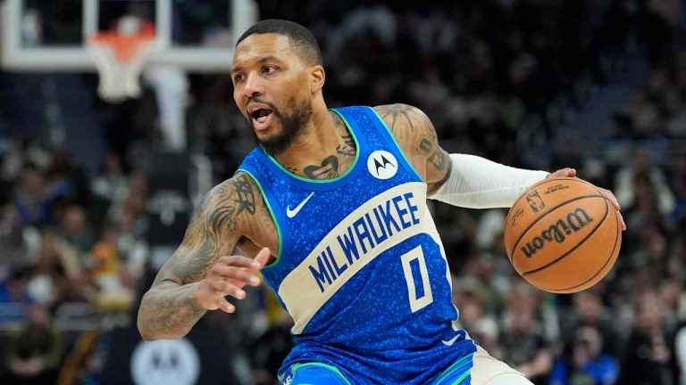 Milwaukee Bucks' Damian Lillard during the second half of an NBA basketball game against the Brooklyn Nets Thursday, March 21, 2024, in Milwaukee. The Bucks won 115-108. (Morry Gash/AP)