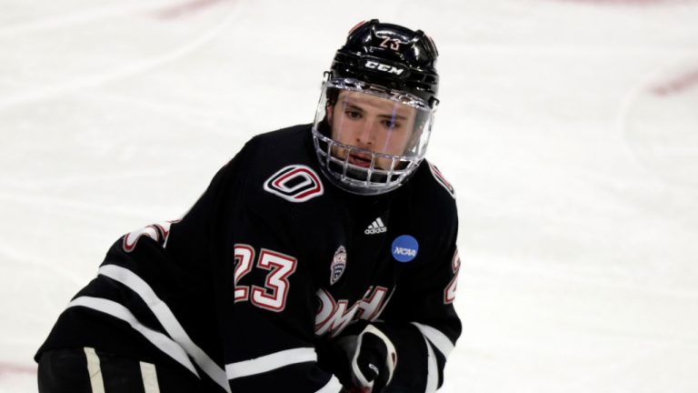 Omaha defenseman Victor Mancini plays during an NCAA hockey game against the Minnesota on Thursday, March 28, 2024 in Sioux Falls, S.D. (Andy Clayton-King/AP) 