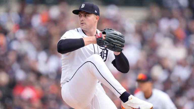 Detroit Tigers pitcher Tarik Skubal throws during the second inning of a baseball game against the Oakland Athletics, Friday, April 5, 2024, in Detroit. (Carlos Osorio/AP)