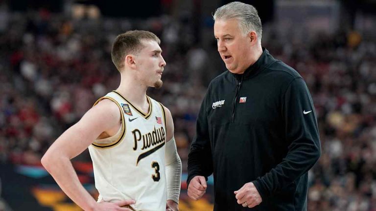 Purdue guard Braden Smith (3) talks with head coach Matt Painter during the second half of the NCAA college basketball game against NC State at the Final Four, Saturday, April 6, 2024, in Glendale, Ariz. (Brynn Anderson/AP)