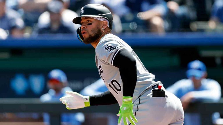 Chicago White Sox' Yoán Moncada (10) watches his hit to left field or a triple during the first inning of a baseball game against the Kansas City Royals in Kansas City, Mo., Sunday, April 7, 2024. (Colin E. Braley/AP)